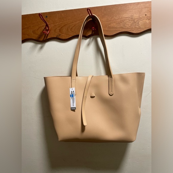 Beige reversible open tote bag double handles 13 x 11 inches - Picture 2 of 7